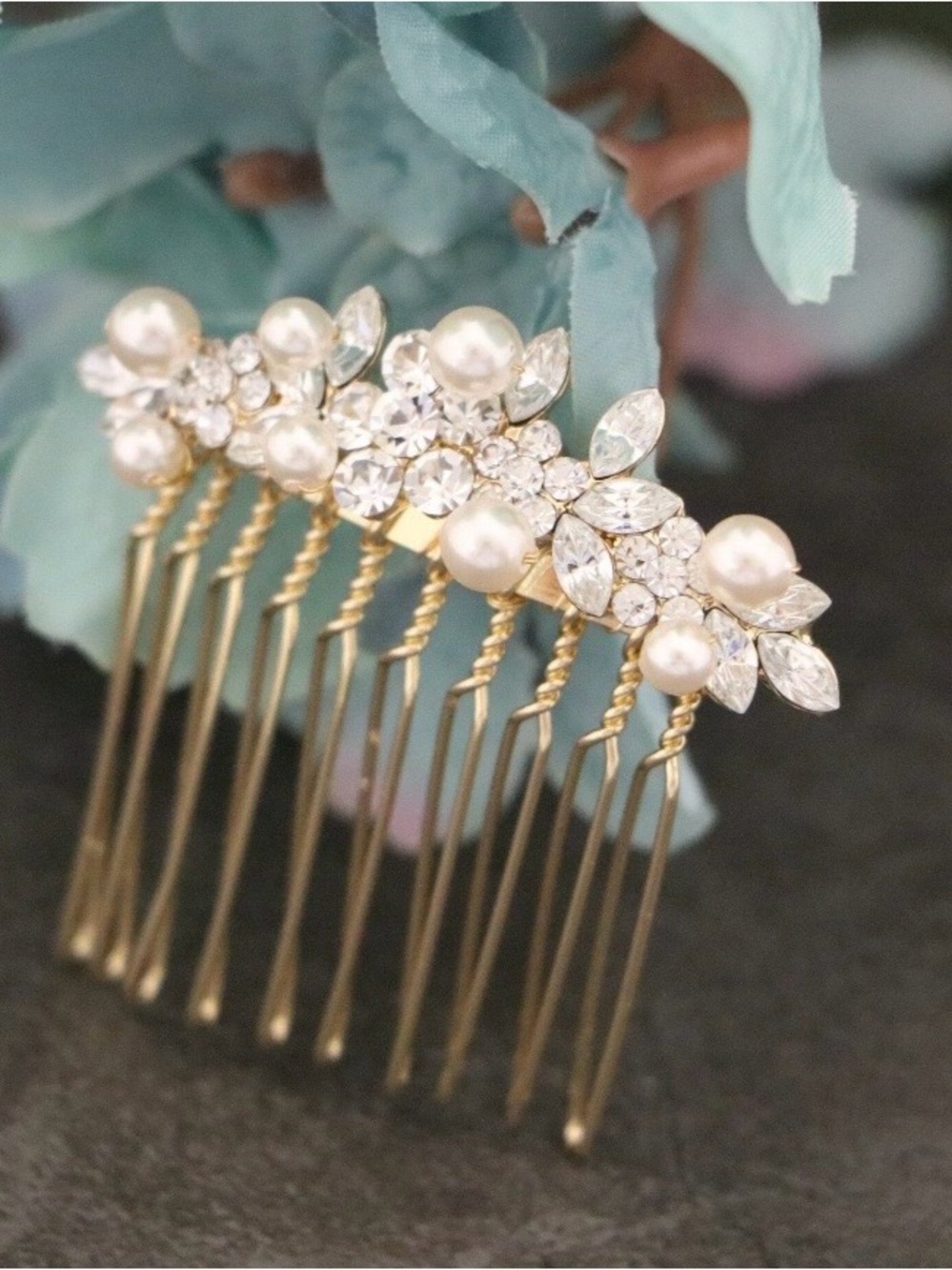 Gold Pearl and Crystal Bridal Hair Comb